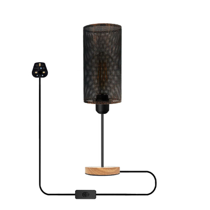Wire Cage Table Lamp with Wooden Base E27 - Brushed Brass, Without Bulb
