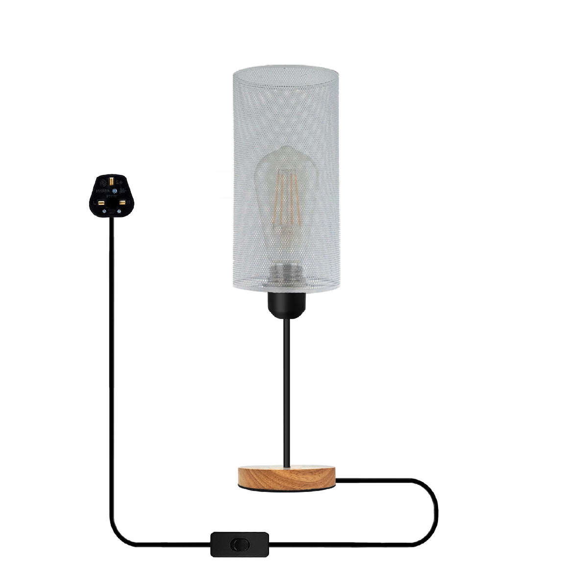 Wire Cage Table Lamp with Wooden Base E27 - White, Without Bulb
