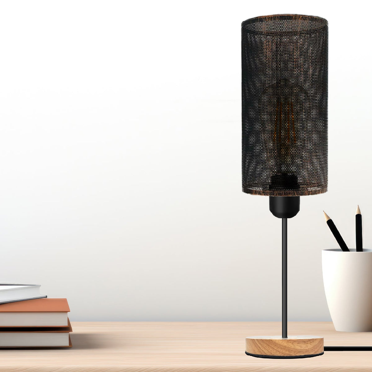 Wire Cage Table Lamp with Wooden Base E27