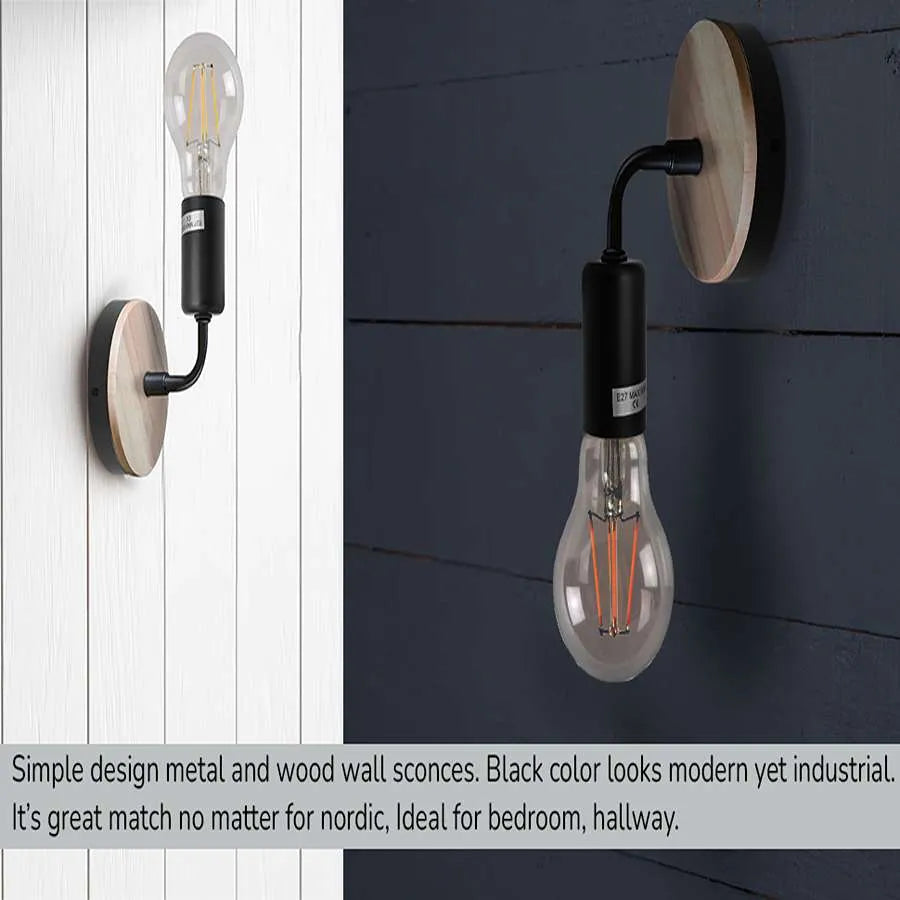 Wood & Black Wall Light Holder – Bent Arm, E27 - photo 5