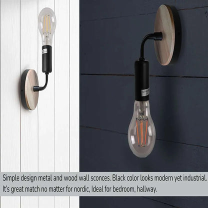 Wood & Black Wall Light Holder – Bent Arm, E27 - photo 5
