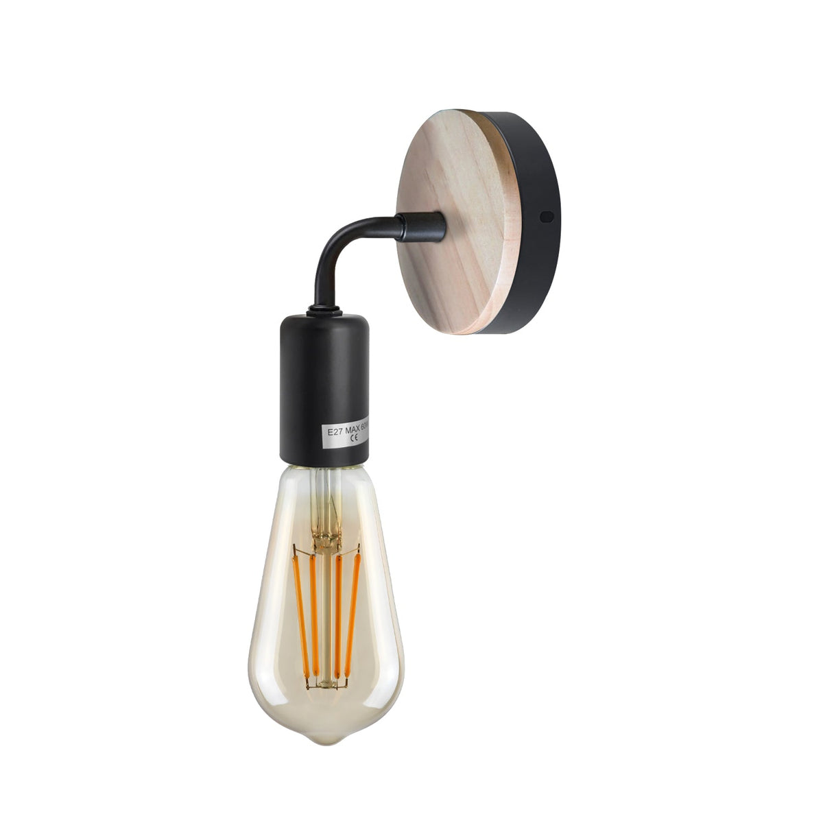 Wood & Black Wall Light Holder – Bent Arm, E27 - photo 7
