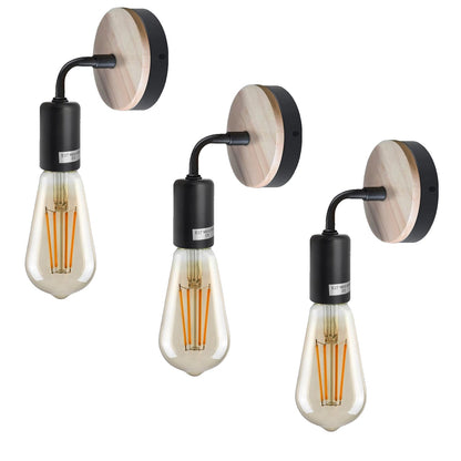 Wood & Black Wall Light Holder – Bent Arm, E27 - Black, Pack of 3, ST64 Bulb