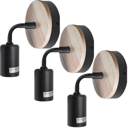 Wood & Black Wall Light Holder – Bent Arm, E27 - Black, Pack of 3, Without Bulb