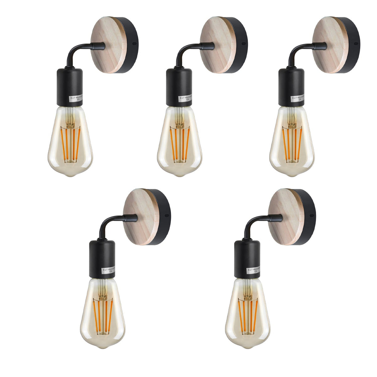 Wood & Black Wall Light Holder – Bent Arm, E27 - Black, Pack of 5, ST64 Bulb