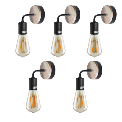 Wood & Black Wall Light Holder – Bent Arm, E27 - Black, Pack of 5, ST64 Bulb