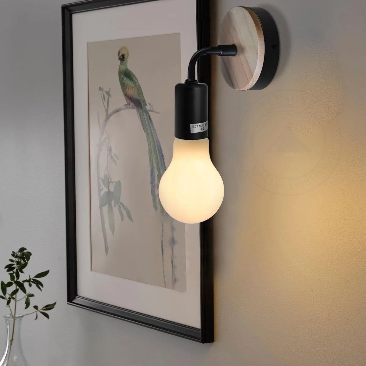 Wood & Black Wall Light Holder – Bent Arm, E27