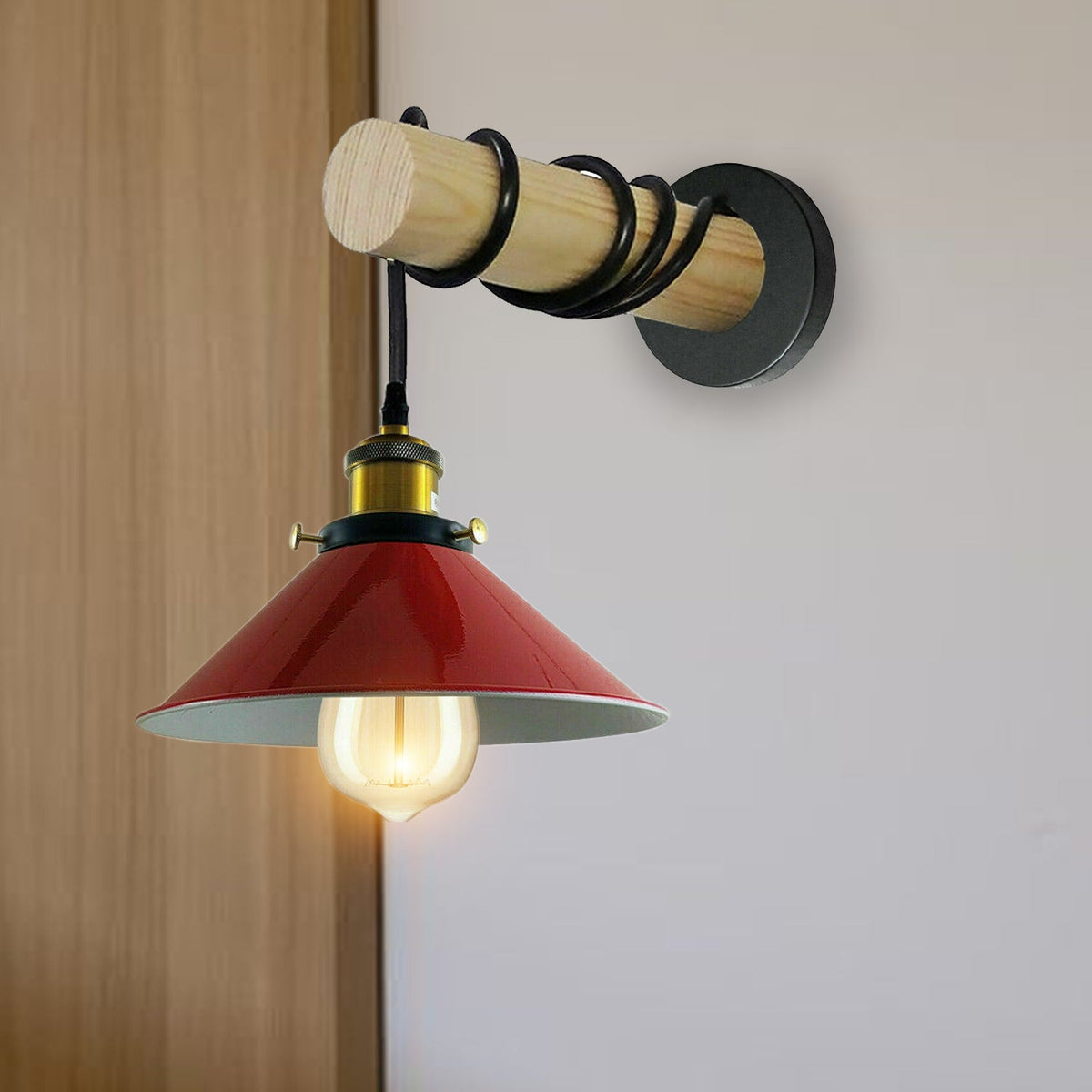 Wood Arm Wall Light with Flat Cone Shade – 8 Colours, E27 - photo 9