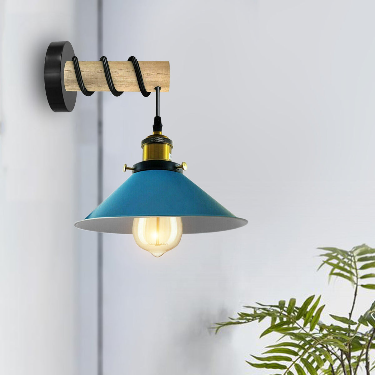 Wood Arm Wall Light with Flat Cone Shade – 8 Colours, E27 - photo 3