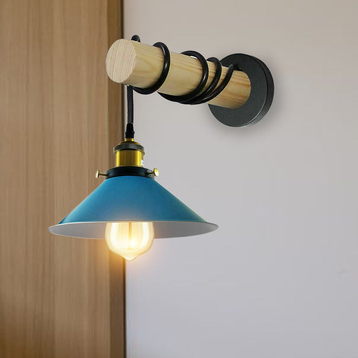 Wood Arm Wall Light with Flat Cone Shade – 8 Colours, E27 - photo 4