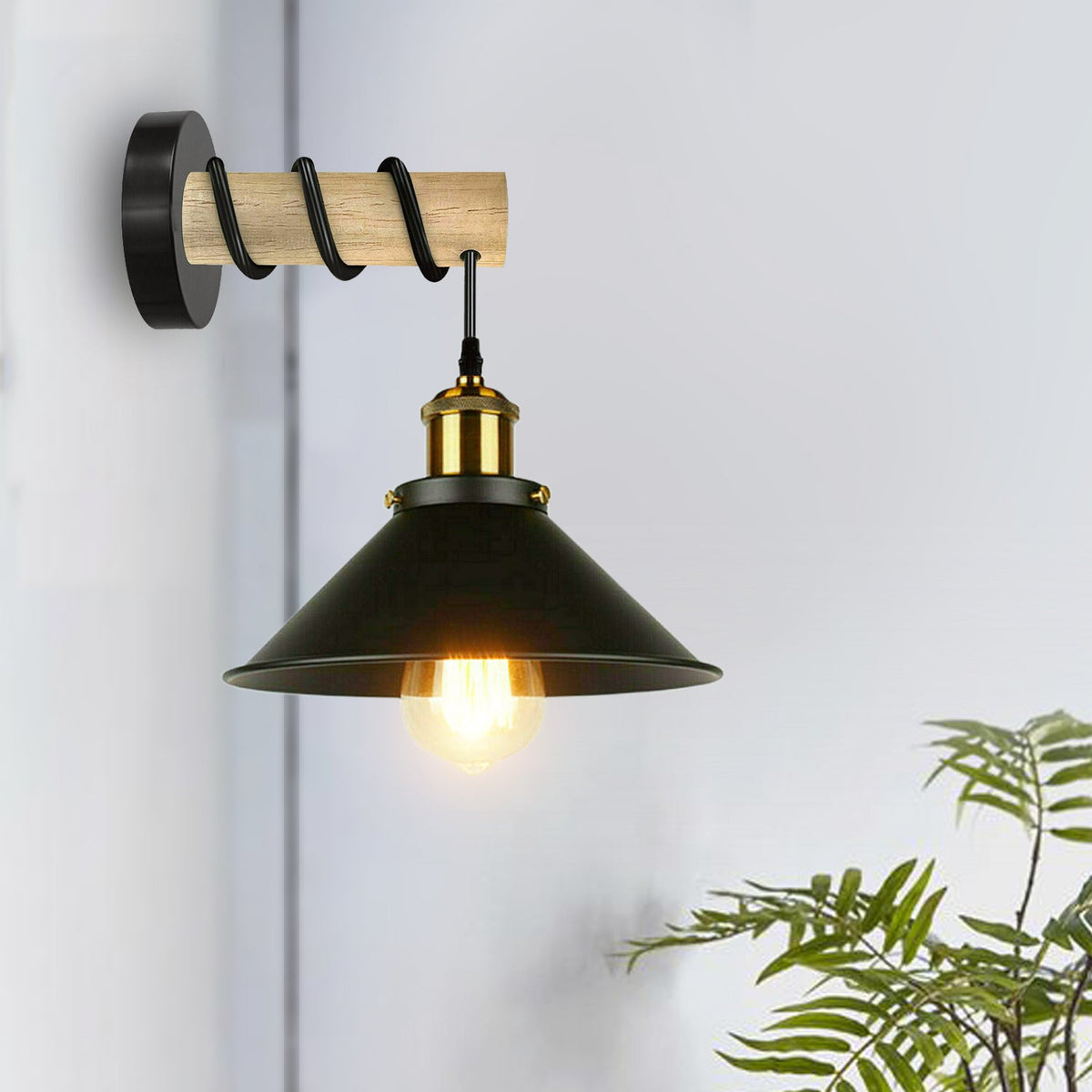 Wood Arm Wall Light with Flat Cone Shade – 8 Colours, E27 - photo 11