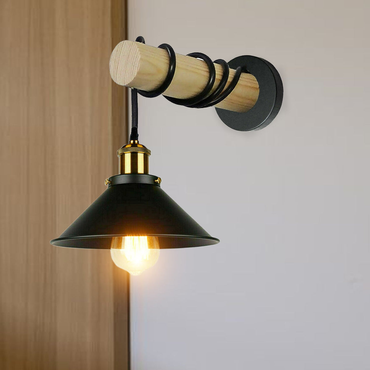 Wood Arm Wall Light with Flat Cone Shade – 8 Colours, E27 - photo 12