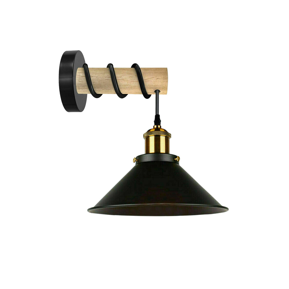 Wood Arm Wall Light with Flat Cone Shade – 8 Colours, E27 - Wood, Flat Cone 22 cm Black, Without Bulb