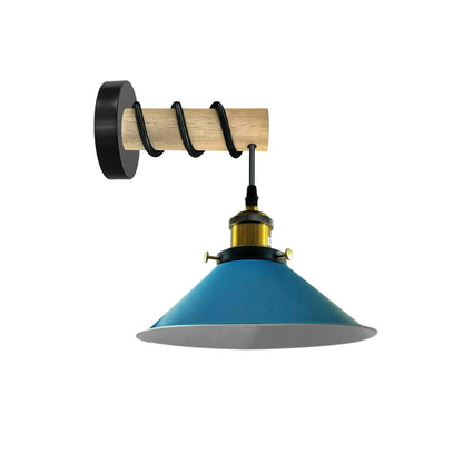 Wood Arm Wall Light with Flat Cone Shade – 8 Colours, E27 - Wood, Flat Cone 22 cm Blue, Without Bulb