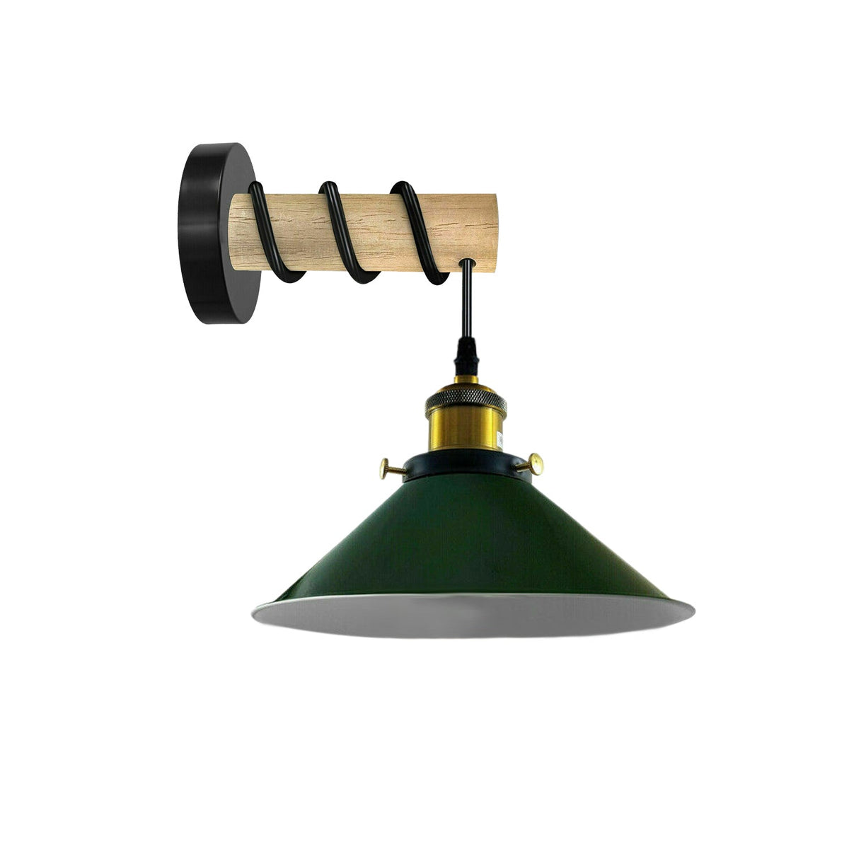 Wood Arm Wall Light with Flat Cone Shade – 8 Colours, E27 - Wood, Flat Cone 22 cm Green, Without Bulb