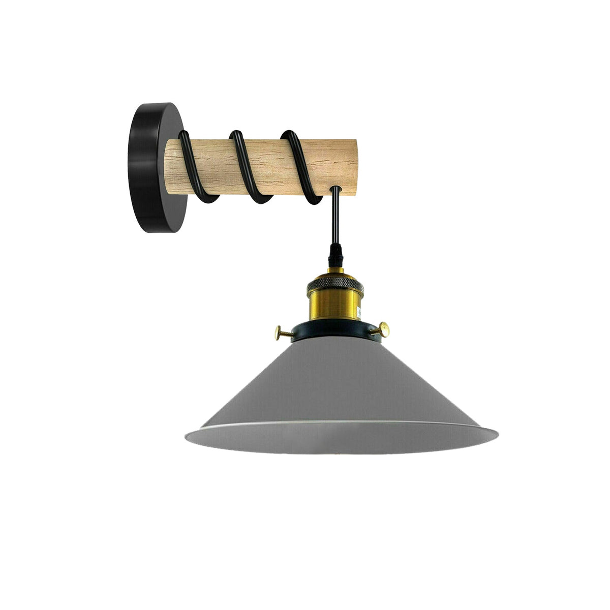 Wood Arm Wall Light with Flat Cone Shade – 8 Colours, E27 - Wood, Flat Cone 22 cm Grey, Without Bulb