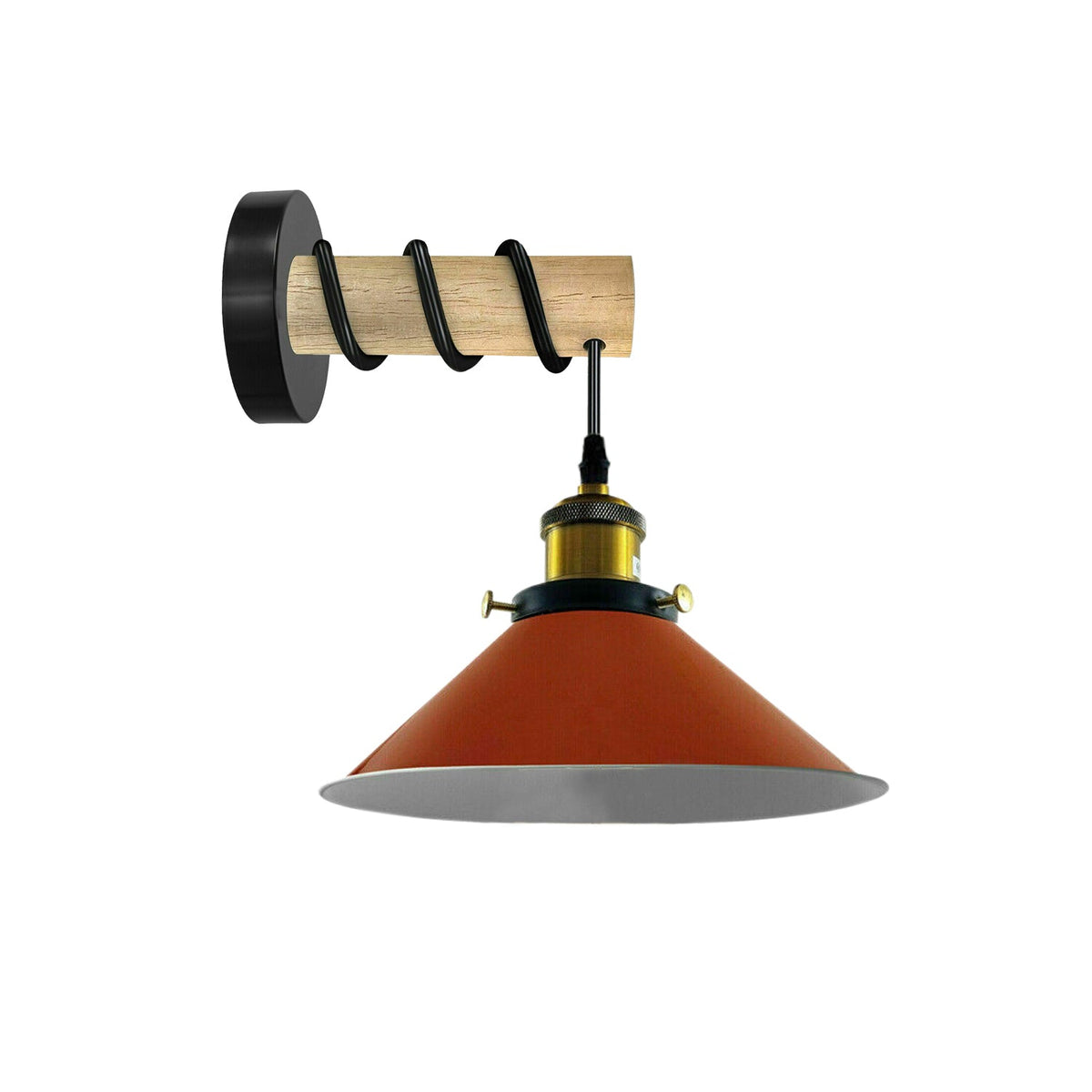Wood Arm Wall Light with Flat Cone Shade – 8 Colours, E27 - Wood, Flat Cone 22 cm Orange, Without Bulb