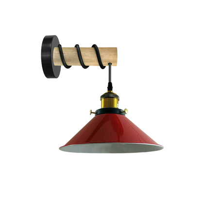 Wood Arm Wall Light with Flat Cone Shade – 8 Colours, E27 - Wood, Flat Cone 22 cm Red, Without Bulb