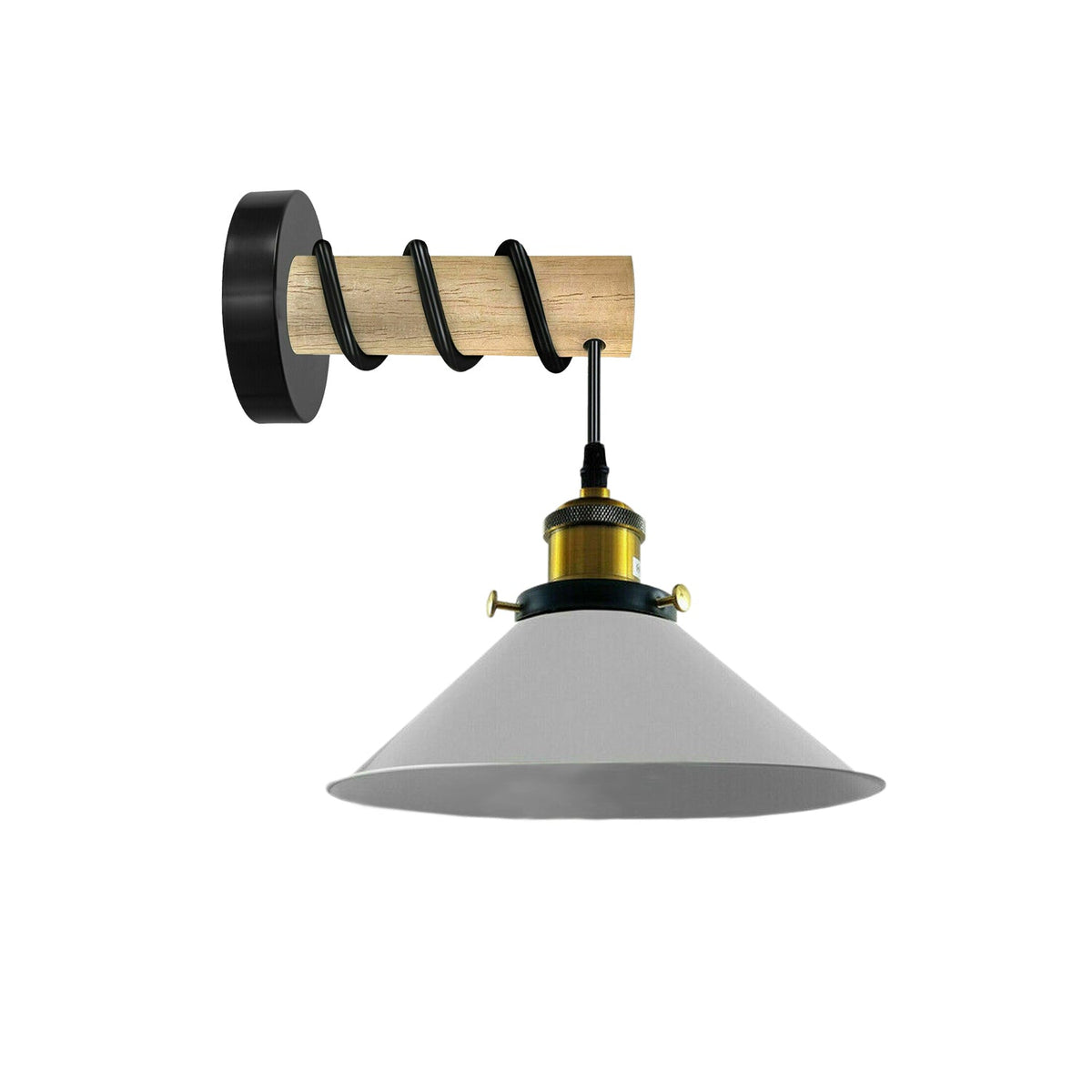 Wood Arm Wall Light with Flat Cone Shade – 8 Colours, E27 - Wood, Flat Cone 22 cm White, Without Bulb