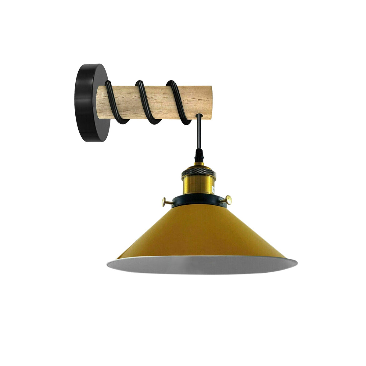 Wood Arm Wall Light with Flat Cone Shade – 8 Colours, E27 - Wood, Flat Cone 22 cm Yellow, Without Bulb