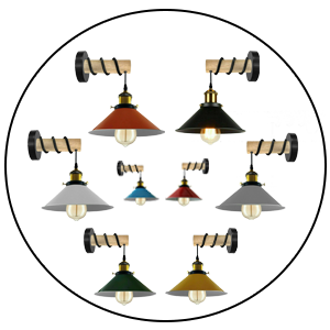 Wood Arm Wall Light with Flat Cone Shade – 8 Colours, E27
