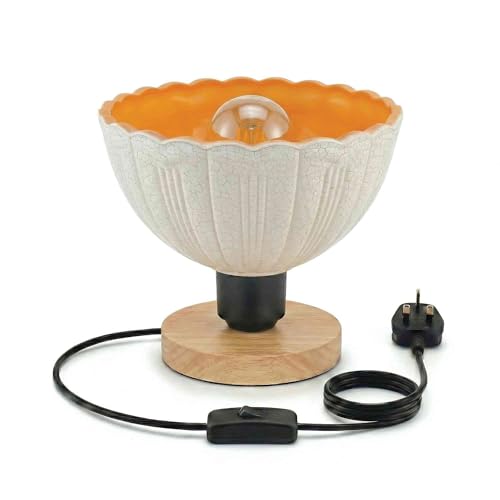 Wooden Bedside Table Lamp with Decorative Glass Shade E27 - Crackle Bowl, A60 LED Bulb 4W