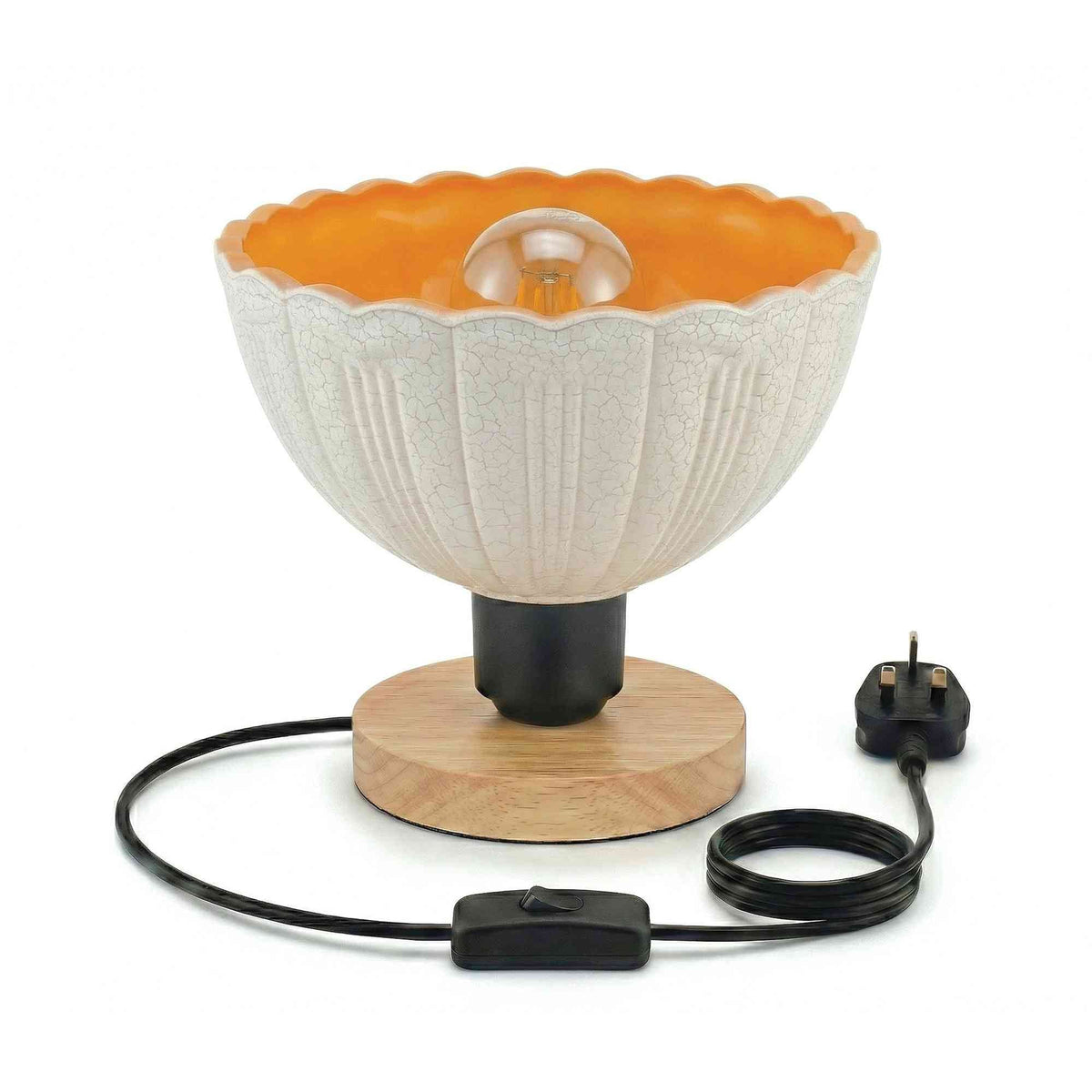 Wooden Bedside Table Lamp with Decorative Glass Shade E27 - Crackle Bowl, Without Bulb