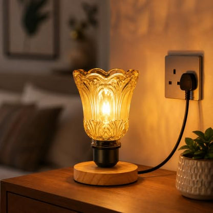 Wooden Bedside Table Lamp with Decorative Glass Shade E27 - Fluted Tulip, A60 LED Bulb 4W