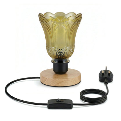 Wooden Bedside Table Lamp with Decorative Glass Shade E27 - Fluted Tulip, Without Bulb