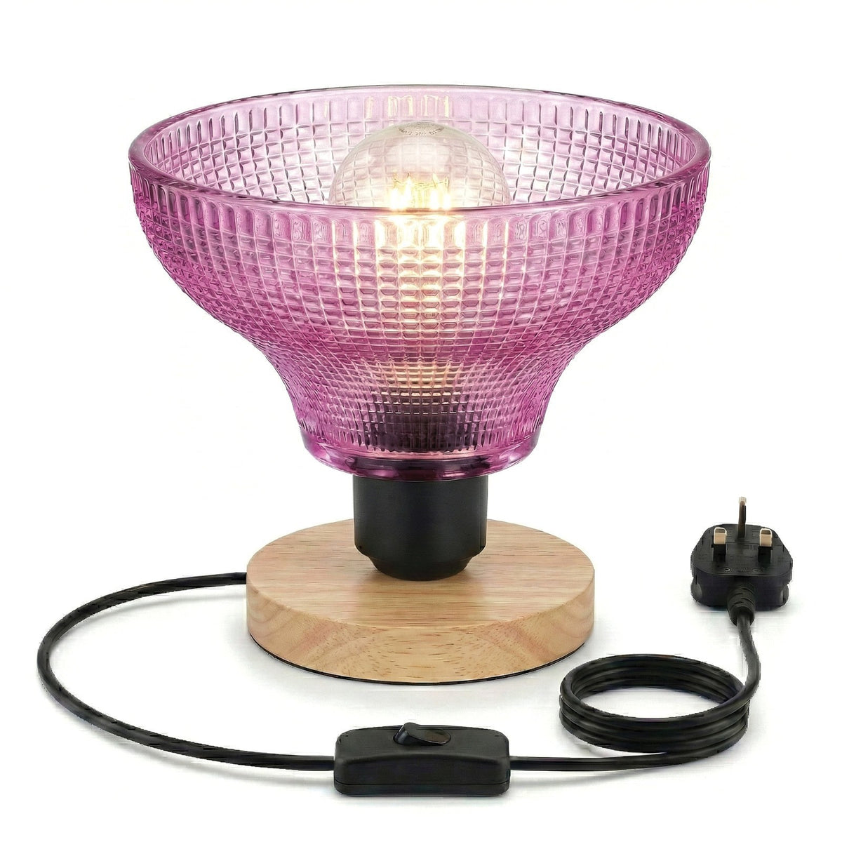 Wooden Bedside Table Lamp with Decorative Glass Shade E27 - Ribbed Bowl, Without Bulb