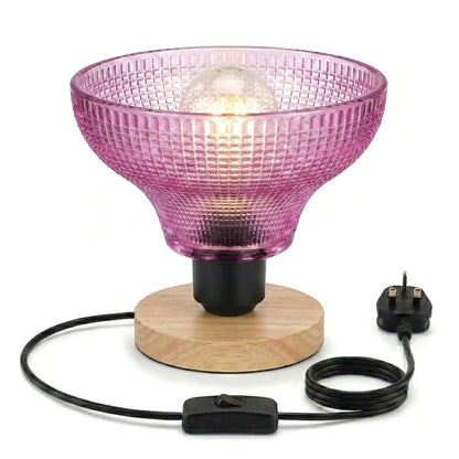 Wooden Bedside Table Lamp with Decorative Glass Shade E27 - Ribbed Bowl, Without Bulb