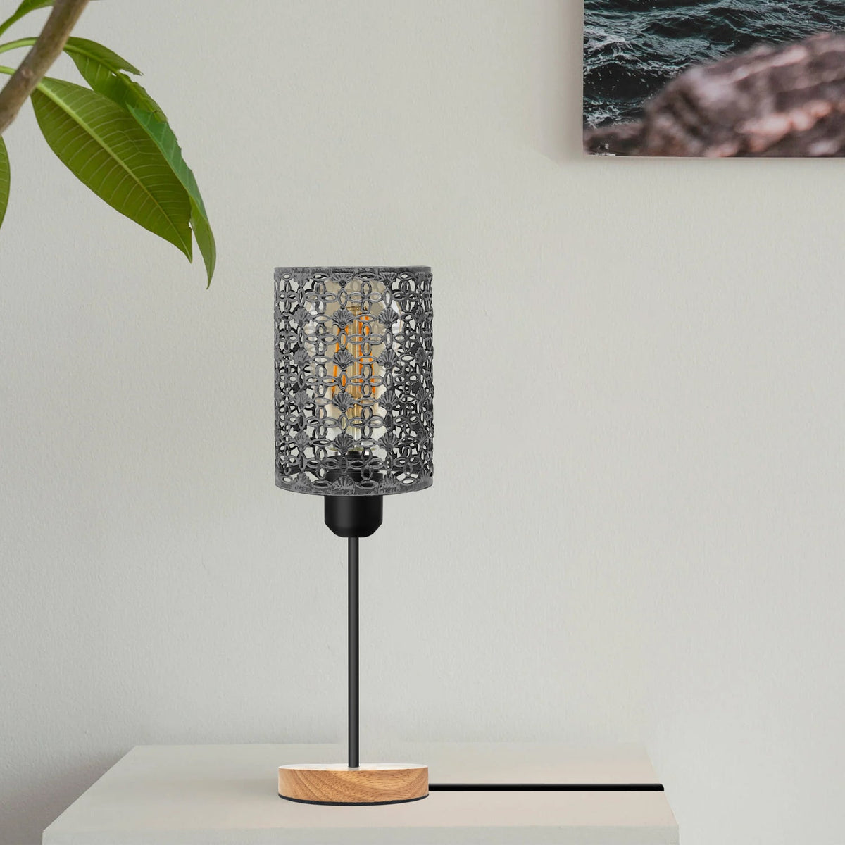 Wooden Stand Bedside Table Lamp with Cage and On/Off Switch - photo 3