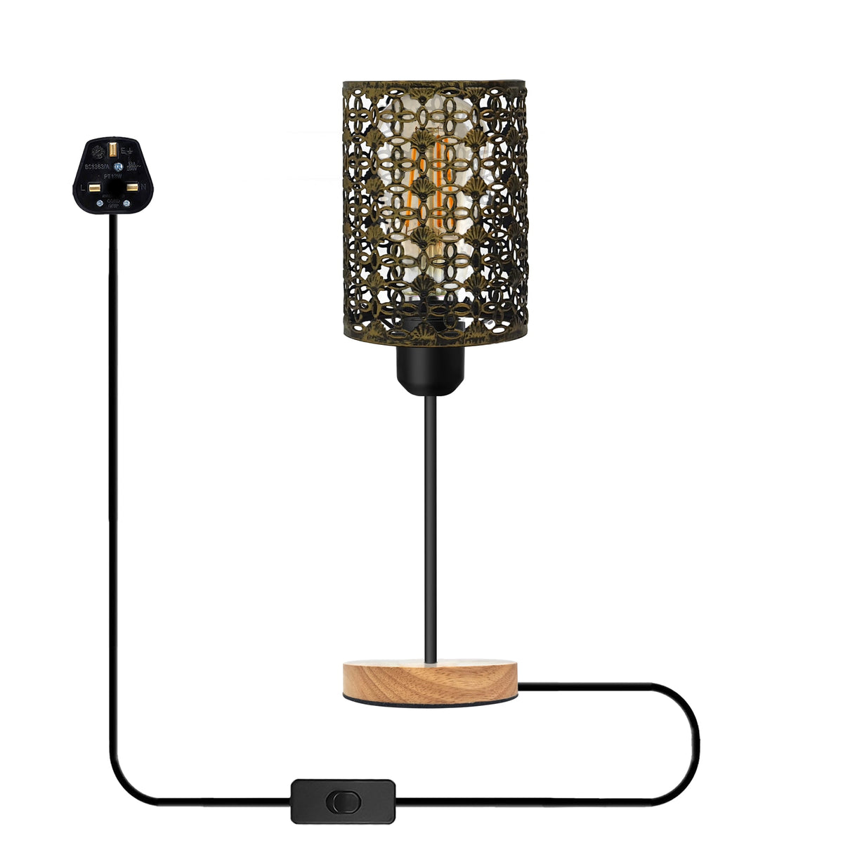 Wooden Stand Bedside Table Lamp with Cage and On/Off Switch - Brushed Brass, Without Bulb