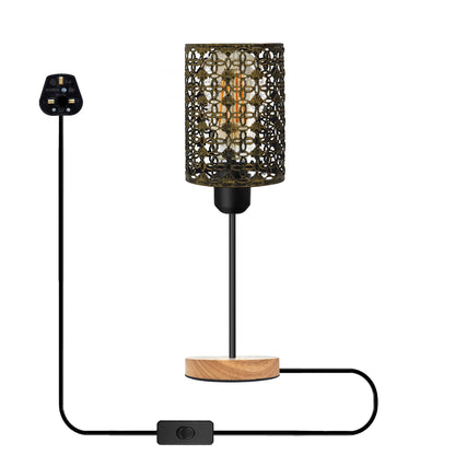Wooden Stand Bedside Table Lamp with Cage and On/Off Switch - Brushed Brass, Without Bulb