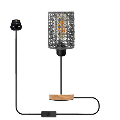Wooden Stand Bedside Table Lamp with Cage and On/Off Switch - Brushed Silver, Without Bulb