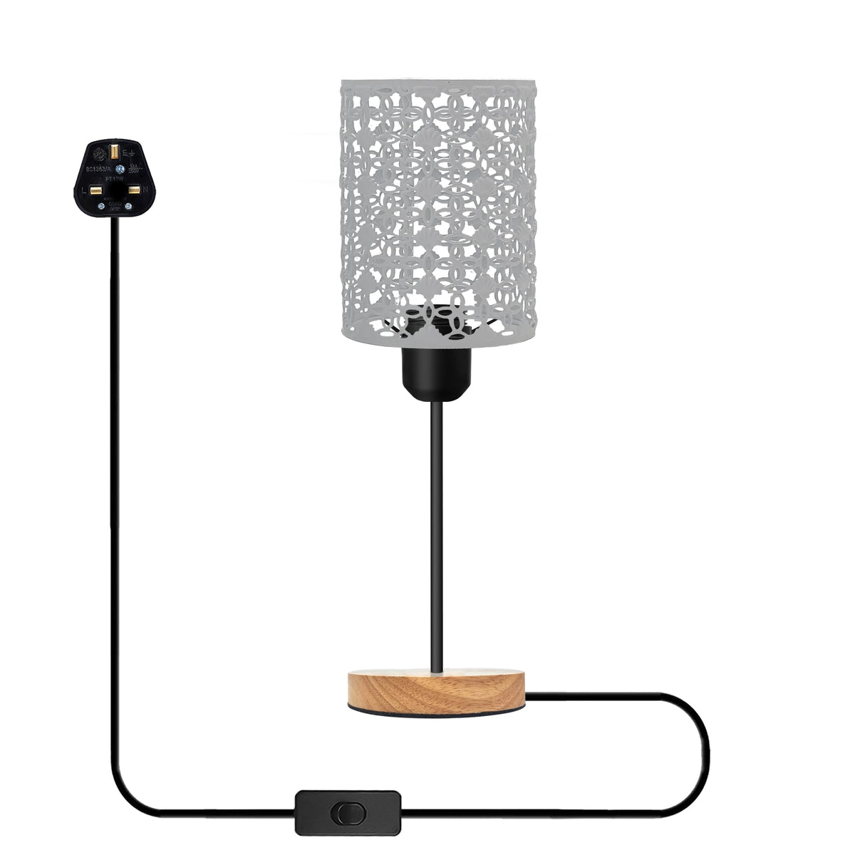 Wooden Stand Bedside Table Lamp with Cage and On/Off Switch - White, Without Bulb