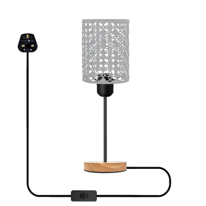 Wooden Stand Bedside Table Lamp with Cage and On/Off Switch - White, Without Bulb