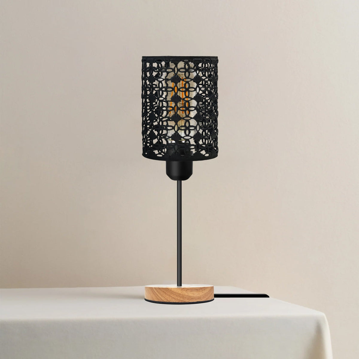 Wooden Stand Bedside Table Lamp with Cage and On/Off Switch