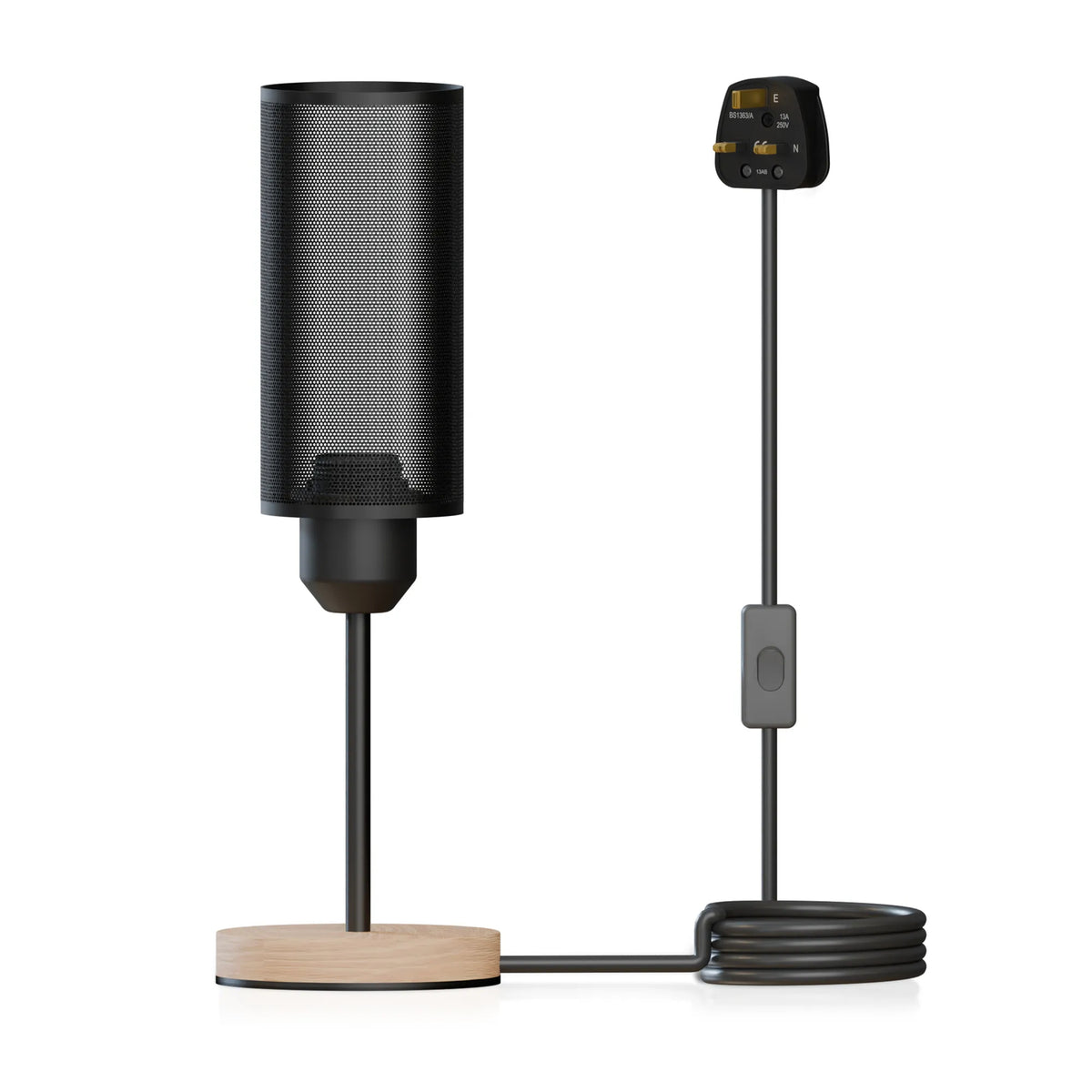 Wooden Table Lamp with Black Mesh Cylinder Cage E27 - photo 2