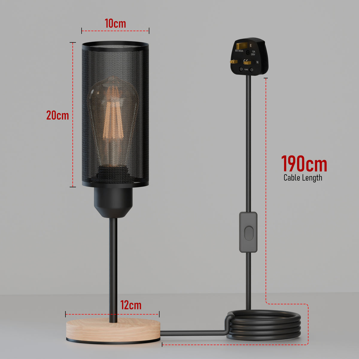 Wooden Table Lamp with Black Mesh Cylinder Cage E27 - Without Bulb