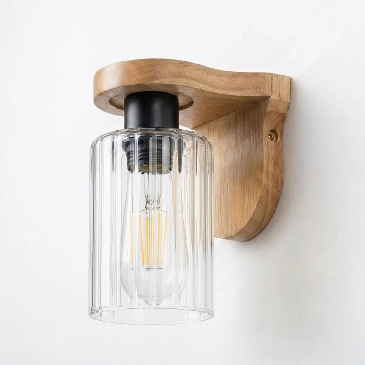 Wooden Wall Light with Glass Shade – Amber or Clear, E27 - photo 2