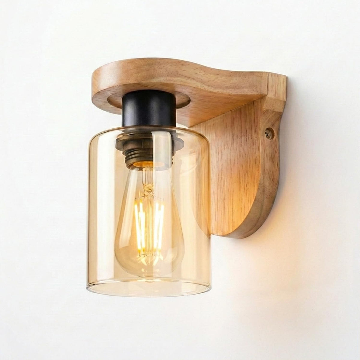 Wooden Wall Light with Glass Shade – Amber or Clear, E27 - Black, Glass Amber, Without Bulb