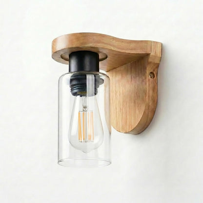 Wooden Wall Light with Glass Shade – Amber or Clear, E27 - Black, Glass Clear, Without Bulb