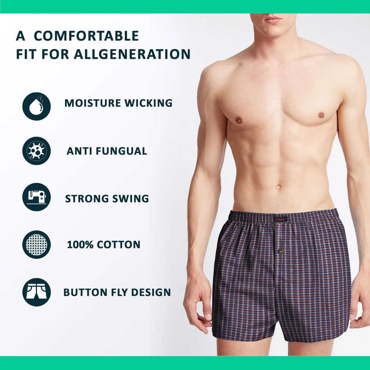 Men's Woven Cotton Boxer Shorts – Plum Stripe Check, Button Fly, L or XL - photo 3