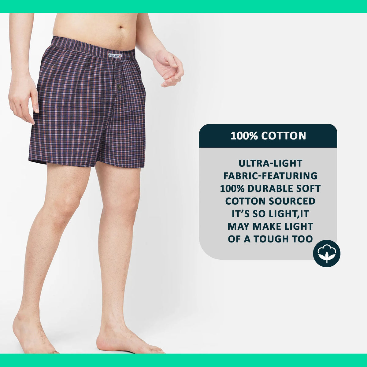 Men's Woven Cotton Boxer Shorts – Plum Stripe Check, Button Fly, L or XL - photo 4