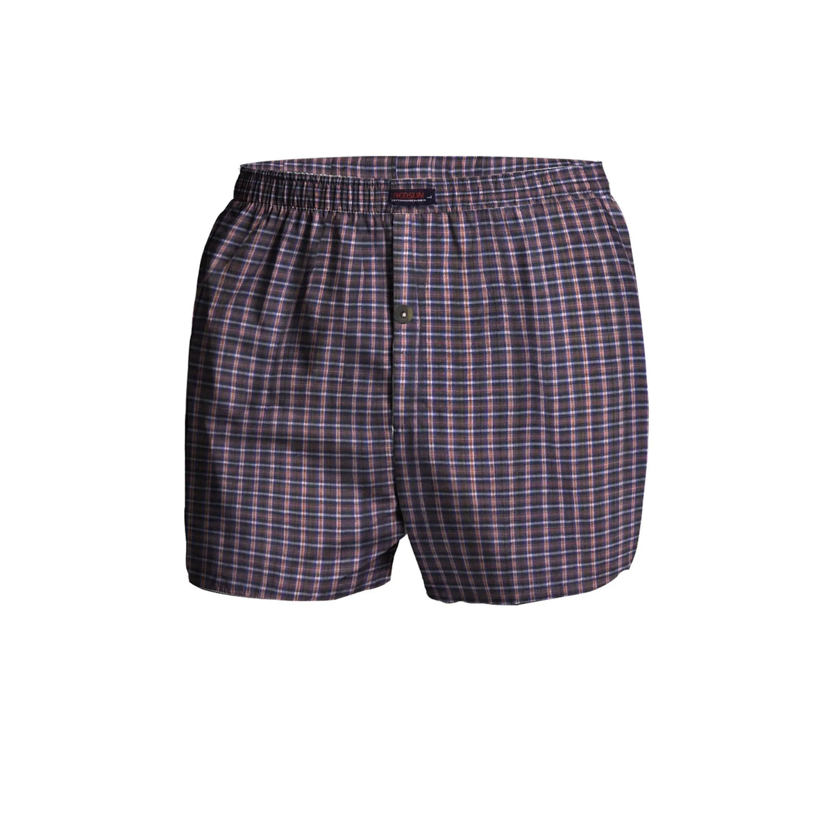 Men's Woven Cotton Boxer Shorts – Plum Stripe Check, Button Fly, L or XL - L, Single