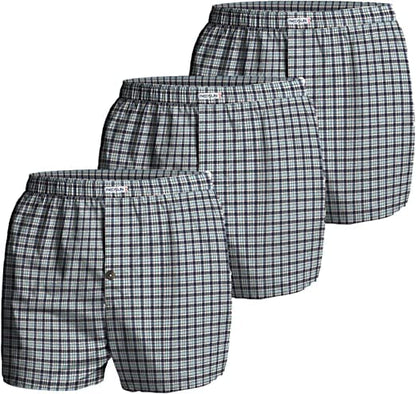 Men's Woven Cotton Boxer Shorts – 4 Check Designs, Single or Pack of 3, L to XXL - XXL, Light Blue Check, Pack of 3