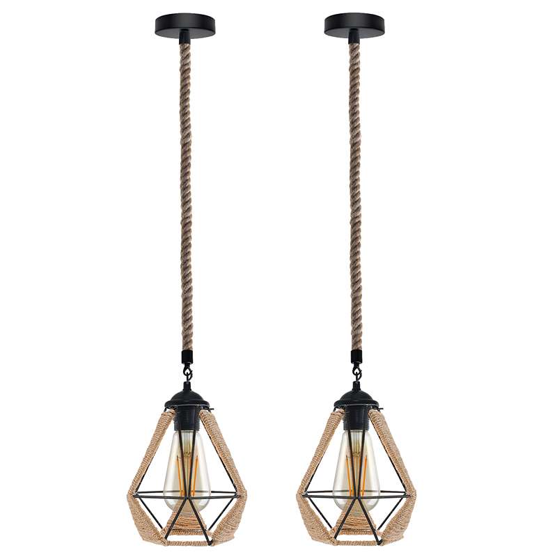Rope Wrapped Cage Lamp Shade – Easy Fit, 3 Styles - with ST64 Bulb, Black, Pack of 2