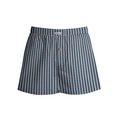 Men's Woven Cotton Boxer Shorts – Navy & Teal Check, Button Fly, L to XXL - L