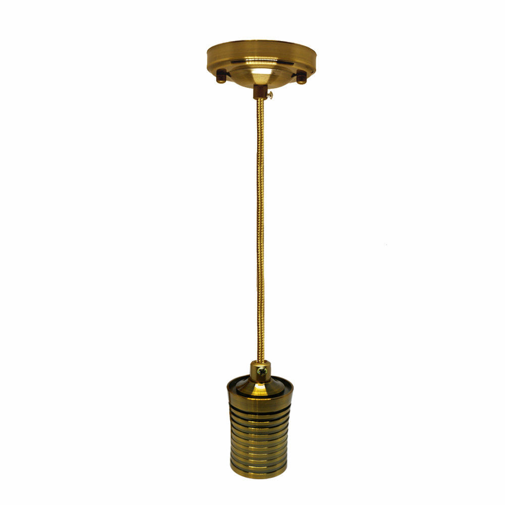 Pendant Light Fitting – Yellow Brass Ribbed Holder, Gold Cable